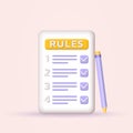Rules list 3d icon. Regulation, company compliance, law checklist with check marks. Business rule, agreement concept.
